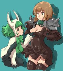 Rule 34 | 2girls, amazora (terra battle), armor, breasts, brown hair, cleavage, clothes pull, covered navel, green eyes, green hair, multiple girls, no panties, pahrl (terra battle), shirt pull, terra battle, thighhighs, thomasz