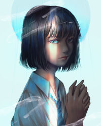 Rule 34 | 1girl, blue eyes, blue hair, blue necktie, blue shirt, bob cut, closed mouth, collared shirt, from side, hands up, highres, looking at viewer, looking to the side, medium hair, necktie, original, own hands together, shirt, solo, striped necktie, striped neckwear, upper body, wataboku, wing collar