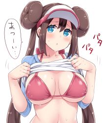 Rule 34 | 1girl, :o, amane hasuhito, bikini, blue shirt, blush, breasts, brown hair, cleavage, clothes lift, collarbone, creatures (company), double bun, eyes visible through hair, game freak, hair between eyes, hair bun, large breasts, lifted by self, long hair, looking at viewer, nintendo, pokemon, pokemon bw2, raglan sleeves, red bikini, rosa (pokemon), shiny clothes, shirt, shirt lift, sidelocks, simple background, solo, speech bubble, sweat, swimsuit, translation request, twintails, underboob, upper body, very long hair, visor cap, white background, white shirt