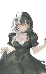 Rule 34 | 1girl, black choker, black dress, black hair, black nails, breasts, choker, cleavage, dress, grey hair, hair ornament, highres, hololive, hololive english, lace, lace choker, large breasts, long hair, looking at viewer, lucadark art, multicolored hair, puffy short sleeves, puffy sleeves, shiori novella, short sleeves, simple background, skirt hold, solo, split-color hair, virtual youtuber, white background, yellow eyes