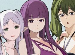 Rule 34 | 3girls, blue background, blunt bangs, breasts, cleavage, closed mouth, collarbone, earrings, fern (sousou no frieren), frieren, green eyes, green hair, hair between eyes, hand on another&#039;s shoulder, jewelry, large breasts, medium breasts, multiple girls, open mouth, pointy ears, purple eyes, purple hair, shiren (ourboy83), short eyebrows, sidelocks, simple background, smile, sousou no frieren, surprised, thick eyebrows, ubel (sousou no frieren), upper body, white background