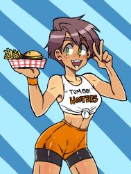Rule 34 | 1girl, bare shoulders, beta&#039;s inferno, brown hair, burger, character request, clothes writing, collarbone, english text, eyebrows, femboy hooters (meme), food, freckles, french fries, green eyes, holding, holding food, meme, navel, open mouth, shirt, smile, stomach, tagme, tan, tanline, teeth, thick eyebrows, tied shirt, tomboy, v, white shirt
