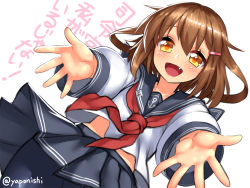Rule 34 | 10s, 1girl, :d, brown hair, fang, hair ornament, hairclip, ikazuchi (kancolle), incoming hug, kantai collection, looking at viewer, open mouth, outstretched arms, outstretched hand, pantyhose, school uniform, serafuku, short hair, smile, solo, translated, twitter username, yapo (croquis side), yellow eyes