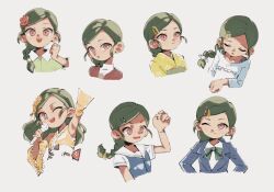 Rule 34 | 1girl, :o, arm up, armpits, blazer, bracelet, braid, braided ponytail, breasts, clenched hand, closed eyes, closed mouth, collared shirt, commentary request, cropped shoulders, cropped torso, detached sleeves, fang, flower, green hair, green ribbon, green shirt, hair down, hair flower, hair ornament, hair over shoulder, hairclip, hands on own hips, highres, holding, holding microphone, idolmaster, idolmaster cinderella girls, imay3927, jacket, japanese clothes, jewelry, kimono, long hair, long sleeves, looking at viewer, microphone, multiple views, neck ribbon, obi, one eye closed, open mouth, pink eyes, raised eyebrow, red flower, ribbon, sash, shirt, shuto aoi, simple background, small breasts, smile, sweater, swept bangs, turtleneck, turtleneck sweater, underbust, v-shaped eyebrows, white background, white shirt, white sweater, yellow kimono