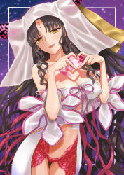 Rule 34 | 1girl, absurdres, bare shoulders, black hair, breasts, chest tattoo, cleavage, collarbone, commentary request, dress, facial mark, fate/extra, fate/extra ccc, fate (series), forehead mark, heart, heart hands, highres, horns, large breasts, long hair, long sleeves, looking at viewer, navel, open mouth, parted bangs, pink thighhighs, sessyoin kiara, smile, solo, tattoo, thighhighs, thighs, torasaki, veil, very long hair, wavy hair, white dress, wide sleeves, yellow eyes
