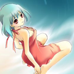 Rule 34 | 00s, ahoge, arms at sides, blue background, dress, from above, from side, green hair, halter dress, halterneck, macross, macross frontier, oujima tamaki, ranka lee, red eyes, sitting, solo