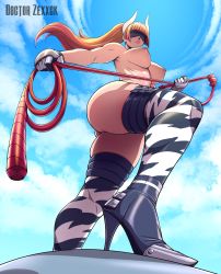 Rule 34 | 1girl, artist name, ass, black thighhighs, blindfold, blonde hair, blunt bangs, boots, breasts, commentary, commission, doctor zexxck, dominatrix, english commentary, gloves, high heel boots, high heels, highres, horns, large breasts, multicolored clothes, multicolored legwear, nipples, original, outdoors, ponytail, skindentation, solo, thick thighs, thigh boots, thighhighs, thighs, topless, whip, white thighhighs