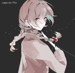 Rule 34 | 1girl, braid, closed mouth, eyes visible through hair, frown, glint, grey background, hair between eyes, hair bobbles, hair intakes, hair ornament, hand up, highres, hizikinn, holding, holding knife, knife, light brown hair, long hair, long sleeves, madotsuki, pink sweater, red eyes, simple background, solo, sparkle, sweater, twin braids, yume nikki