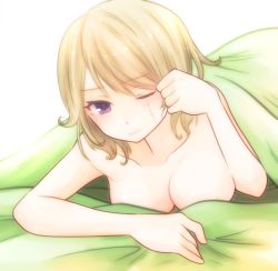 Rule 34 | 1girl, absurdres, bed sheet, blonde hair, breasts, cleavage, collarbone, facial scar, gintama, hair between eyes, highres, looking at viewer, medium breasts, paleatus, purple eyes, scar, scar on cheek, scar on face, short hair, simple background, solo, tsukuyo (gintama), under covers, upper body, white background