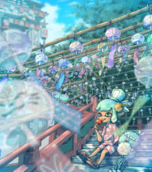 Rule 34 | 1girl, absurdres, aqua eyes, aqua hair, architecture, bamboo, blue sky, blunt bangs, blurry, blurry background, blurry foreground, blush, building, candy apple, cloud, commentary request, cotton candy, dark-skinned female, dark skin, day, depth of field, east asian architecture, floral print, food, hachimaki, hair bun, hair ornament, hand up, headband, highres, holding, holding food, inkling, inkling girl, inkling player character, japanese clothes, jellyfish (splatoon), kimono, lantern, moromi (kscd4482), nejiri hachimaki, nintendo, open mouth, outdoors, paper lantern, pink kimono, pink shorts, pointy ears, railing, sandals, scenery, shirt, short eyebrows, short kimono, short shorts, short sleeves, shorts, sidelocks, sitting, sitting on stairs, sky, smile, splatoon (series), stairs, t-shirt, tentacle hair, toes, tongue, tongue out, tree, white shirt, wide sleeves, wind chime, wind chime focus