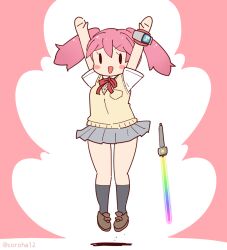 Rule 34 | 1girl, arms up, bow, bowtie, cardigan, coroha, full body, hinata natsumi, jumping, kemono friends, kemono friends 3, keroro gunsou, long hair, looking at viewer, pink background, pink hair, shirt, shoes, simple background, skirt, socks, solo, sword, twintails, weapon, wristband