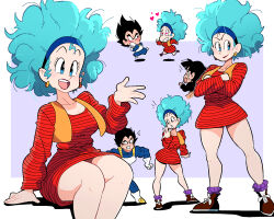 Rule 34 | 1girl, 2boys, afro, arm support, armor, big hair, black eyes, black hair, black shirt, blue eyes, blue hair, blue hairband, blush, breasts, bulma, chasing, closed mouth, cross scar, dragon ball, dragonball z, dress, earrings, facial scar, gloves, hairband, heart, heart-shaped eyes, highres, jewelry, large breasts, lipstick, long sleeves, makeup, multiple boys, multiple views, open mouth, orange dress, running, scar, scar on cheek, scar on face, scott malin, shirt, sitting, smile, spiked hair, standing, tearing up, vegeta, white gloves, yamcha