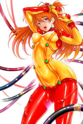 Rule 34 | 1girl, arched back, arm up, blue eyes, blurry, bodysuit, bracer, breasts, breasts apart, cable, contrapposto, covered erect nipples, covered navel, cowboy shot, curvy, depth of field, evangelion: 2.0 you can (not) advance, finger frame, from side, gloves, glowing, groin, hair between eyes, hairpods, hand up, headgear, highres, hip focus, impossible bodysuit, impossible clothes, interface headset, latex, legs apart, long hair, looking at viewer, medium breasts, multicolored clothes, navel, neon genesis evangelion, neon trim, open mouth, orange hair, pilot suit, plugsuit, purple eyes, rebuild of evangelion, see-through, see-through bodysuit, sena youtarou, sexually suggestive, shiny clothes, simple background, skin tight, solo, souryuu asuka langley, standing, test plugsuit, thighs, tongue, turtleneck, two side up, very long hair, white background, wide hips