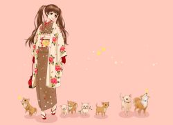 Rule 34 | bad id, bad pixiv id, brown hair, dog, gloves, heart, japanese clothes, kimono, ma06mo, original, solo, twintails