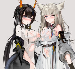 Rule 34 | 2girls, :o, absurdres, animal ears, arknights, arknights: endfield, bare shoulders, belt, belt pouch, black hair, blue eyes, blunt bangs, blush, breasts, cat ears, character request, chen qianyu (arknights), chinese commentary, clothing cutout, commentary request, cowboy shot, dragon girl, dragon horns, dragon tail, dress, grey background, grey jacket, hand on another&#039;s chin, highres, horns, impossible clothes, impossible dress, jacket, large breasts, long hair, looking at viewer, mikuning, multiple girls, navel, nipples, off shoulder, one eye closed, open clothes, open jacket, perlica (arknights), pouch, prototype design, purple eyes, revision, silver hair, simple background, tail, tail through clothes, torn clothes, torn dress, twintails, very long hair, white dress