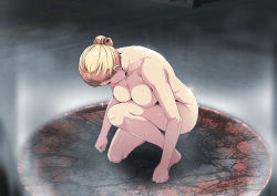 Rule 34 | 1girl, black sclera, blonde hair, breasts, clenched hands, colored sclera, completely nude, crater, feet, female focus, floor, folded ponytail, from above, greco roman (spiral brain), highres, kneeling, knees, large breasts, legs, looking down, nude, outdoors, road, shiny skin, solo, steam, street, terminator (series), the terminator, thighs