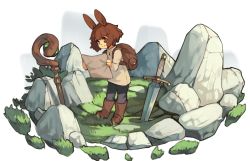 Rule 34 | 1girl, animal ears, backpack, bag, boots, brown bag, brown footwear, brown hair, closed mouth, crack, fantasy, grass, grey eyes, holding, holding map, map, original, planted, planted, rock, smile, staff, sword, vins-mousseux, weapon