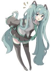 Rule 34 | 1girl, :d, absurdres, black footwear, black skirt, black sleeves, blue hair, blush, boots, collared shirt, detached sleeves, dress shirt, full body, green eyes, green necktie, grey shirt, hair between eyes, hatsune miku, highres, leaning forward, long hair, long sleeves, looking at viewer, necktie, notice lines, open mouth, pleated skirt, shirt, short eyebrows, simple background, skirt, sleeves past wrists, smile, solo, standing, thick eyebrows, thigh boots, tie clip, tsukiyo (skymint), twintails, very long hair, vocaloid, white background, wide sleeves