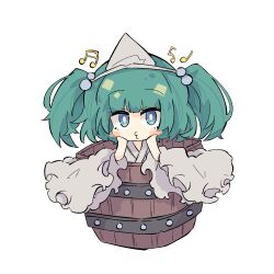Rule 34 | 1girl, blue eyes, bucket, green hair, grey shirt, grey sleeves, hair ornament, kisume, long sleeves, looking at viewer, musical note, primsla, shirt, solo, spoken musical note, touhou, whistling, white background, wooden bucket