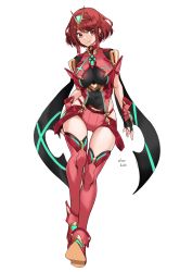 Rule 34 | 1girl, breasts, highres, large breasts, oliver koito, pyra (xenoblade), red eyes, red hair, short hair, shorts, skindentation, solo, thighhighs, white background, xenoblade chronicles (series), xenoblade chronicles 2