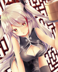 Rule 34 | 1girl, alternate costume, antenna hair, azur lane, black dress, black thighhighs, blush, breasts, brown eyes, china dress, chinese clothes, cleavage, cleavage cutout, clothing cutout, day, dress, hair between eyes, holding, holding tray, indoors, large breasts, leaning forward, long hair, looking at viewer, multicolored hair, open mouth, pelvic curtain, prinz eugen (azur lane), red hair, ribbon, rupe paperu, silver hair, smile, solo, streaked hair, thighhighs, thighs, tray, two side up, very long hair
