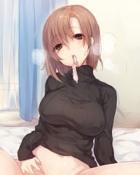 Rule 34 | 1girl, bad id, bad nijie id, bottomless, breasts, brown eyes, brown hair, condom, condom in mouth, covered erect nipples, cum, female focus, large breasts, mouth hold, naked sweater, navel, original, out-of-frame censoring, ribbed sweater, solo, spread legs, sweater, teroro, turtleneck, used condom