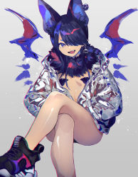 Rule 34 | 1girl, animal ears, bare legs, bat girl, bat wings, blue hair, chromatic aberration, ear piercing, earrings, fang, fur trim, hair over one eye, hands in pockets, high tops, highres, jacket, jewelry, crossed legs, looking at viewer, natsuiro xx, one eye covered, open clothes, open jacket, original, piercing, shoes, short hair, simple background, sneakers, solo, tongue piercing, wings