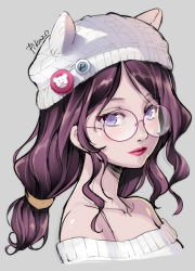 Rule 34 | 1girl, animal hat, bare shoulders, breasts, collarbone, commentary request, curly hair, eyelashes, from side, glasses, grey background, hat, hat with ears, lips, long hair, looking at viewer, looking to the side, low-tied long hair, nose, off-shoulder, off-shoulder sweater, off shoulder, original, pikazo, pink lips, portrait, purple-framed eyewear, purple eyes, purple hair, realistic, round eyewear, simple background, slit pupils, solo, sweater, white hat, white sweater