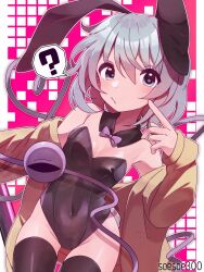 1girl ? alternate_costume animal_ear_hairband animal_ears black_leotard black_thighhighs blush bow bowtie breasts covered_navel cowboy_shot detached_sleeves fake_animal_ears grey_eyes grey_hair hair_between_eyes hairband highleg highleg_leotard highres jacket komeiji_koishi leotard looking_at_viewer medium_hair open_clothes open_jacket pink_background playboy_bunny purple_bow purple_bowtie rabbit_ears sample_watermark small_breasts soesoe300 solo spoken_question_mark strapless strapless_leotard thighhighs touhou watermark white_background yellow_jacket