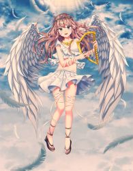 Rule 34 | 1girl, bad id, bad pixiv id, bare arms, bare shoulders, black footwear, brown hair, cloud, commentary, copyright request, feathered wings, feathers, flying, highres, holding, long hair, looking at viewer, nankam, shoes, skirt, solo, white skirt, white wings, wings