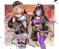 Rule 34 | 2girls, ayase eli, bad id, bad twitter id, bag, bandaid, belt, blonde hair, blue eyes, breasts, choker, cleavage, commentary request, fingerless gloves, gloves, goggles, goggles on head, green eyes, grin, hair down, hat, highres, jacket, large breasts, long hair, looking at viewer, love live!, love live! school idol festival, love live! school idol project, low twintails, military jacket, miniskirt, multiple girls, purple hair, shoulder bag, signature, skirt, smile, sports bra, thighhighs, tojo nozomi, twintails, twitter username, zawawa (satoukibi1108)