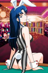 Rule 34 | animal ears, ass, blue eyes, blue hair, card, casino, coattails, fake animal ears, fake tail, fujiwara aya, indoors, long hair, looking at viewer, looking back, non-web source, official art, on table, photoshop (medium), playing card, rabbit ears, rabbit tail, sitting, sleeveless, smile, solo, super real mahjong, table, tail, tanaka ryou, wrist cuffs