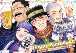 Rule 34 | 1girl, 3boys, ;d, ainu clothes, asirpa, bee, beer can, black eyes, black hair, brown eyes, brown scarf, bug, can, character name, closed eyes, confetti, dated, drink can, earrings, facial hair, facial scar, goatee, golden kamuy, grey hair, hand up, happy birthday, hat, headband, holding, holding can, hoop earrings, insect, jewelry, kepi, long hair, military hat, multiple boys, mustache, one eye closed, open mouth, purple headband, scar, scar on cheek, scar on face, scar on forehead, scarf, shiraishi yoshitake, sideburns, smile, sugimoto saichi, upper body, ushiyama tatsuma, ym gk