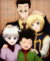 Rule 34 | 4boys, black hair, blonde hair, blue eyes, child, closed eyes, glasses, gon freecss, green eyes, hand on another&#039;s shoulder, hands on another&#039;s head, hunter x hunter, killua zoldyck, kurapika, laurapaladiknight, leorio paladiknight, long sleeves, looking at viewer, male focus, merry christmas, multiple boys, necktie, short hair, smile, spiked hair, teeth, upper teeth only, white hair