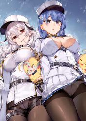 Rule 34 | 2girls, arm strap, azur lane, belt, bird, black gloves, blue background, blue eyes, blue hair, blush, breasts, brown legwear, buttons, chapayev (azur lane), chick, cleavage, cleavage cutout, clothing cutout, coat, coat dress, commentary request, crossed bangs, crotch seam, food print, fur trim, gangut (azur lane), gloves, gradient background, hair between eyes, hair ornament, hairclip, hat, highres, jacket, large breasts, long hair, long sleeves, looking at viewer, manjuu (azur lane), military hat, mole, mole on breast, mole under eye, multiple girls, naha78, object on head, open mouth, panties, panties on head, panties under pantyhose, pantyhose, peaked cap, red eyes, short hair, silver hair, skirt, smile, strawberry print, swept bangs, thigh strap, thighband pantyhose, thighs, underwear, upskirt, white coat, white headwear, white jacket, white panties, white skirt