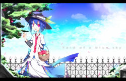 Rule 34 | 1girl, basket, blue hair, female focus, food, fruit, hat, hinanawi tenshi, ichiyan, leaf, letterboxed, open mouth, peach, red eyes, short hair, solo, touhou