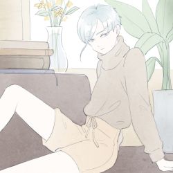 Rule 34 | 1other, alternate costume, androgynous, antarcticite, blue eyes, colored eyelashes, contemporary, couch, flower, grey eyes, high collar, houseki no kuni, humanization, indoors, long bangs, looking at viewer, mydeerwitch, plant, short hair, shorts, solo, vase, white hair