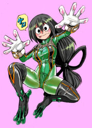 Rule 34 | 1girl, :&gt;, all fours, arm support, artist request, ass, asui tsuyu, bodysuit, boku no hero academia, boots, breasts, cameltoe, curvy, frog girl, full body, green bodysuit, highleg, highleg leotard, large breasts, leotard, long hair, long sleeves, long tongue, looking at viewer, low-tied long hair, pink background, shiny clothes, shiny skin, smile, solo, thigh boots, thighhighs, tongue, tongue out, translation request, very long hair, wide hips