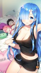 Rule 34 | 10s, 1boy, 1girl, :&gt;, :3, alternate costume, alternate hair length, alternate hairstyle, arm up, armpits, ayami (annahibi), bare shoulders, bed sheet, black hair, black shorts, blue eyes, blue hair, bow, breasts, casual, character doll, character name, cleavage, clothes pull, collarbone, commentary request, cowboy shot, dolphin shorts, frilled pillow, frills, hair ornament, hair over one eye, hakugei (re:zero), heart, heart-shaped pillow, highres, indoors, japanese clothes, kimono, large breasts, long hair, looking at viewer, midriff, natsuki subaru, navel, no bra, on bed, orange bow, parted lips, petelgeuse romaneeconti, pillow, pulling own clothes, ram (re:zero), re:zero kara hajimeru isekai seikatsu, reaching, reaching towards viewer, rem (re:zero), selfie, shirt pull, shirt tug, short shorts, shorts, sidelocks, sitting, sleeveless, smile, tank top, teasing, track suit, triangle mouth, very long hair, x hair ornament