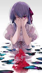 Rule 34 | 1girl, blood, bug, butterfly, covering face, fate/stay night, fate (series), gradient background, grey background, hair ribbon, highres, hirai yuzuki, insect, looking at viewer, matou sakura, official alternate costume, partially submerged, pink eyes, puffy short sleeves, puffy sleeves, purple hair, revision, ribbon, short hair, short sleeves, solo, water, white background, yandere, yandere trance