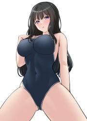 Rule 34 | 1girl, absurdres, arm at side, bang dream!, bare arms, bare shoulders, black hair, blue one-piece swimsuit, blush, breasts, commentary, competition school swimsuit, covered navel, cowboy shot, from below, gluteal fold, groin, hand on own chest, hand up, highres, large breasts, long hair, looking at viewer, one-piece swimsuit, parted lips, ptal, purple eyes, raised eyebrows, school swimsuit, shirokane rinko, sidelocks, simple background, solo, standing, swimsuit, white background