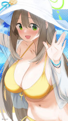 Rule 34 | 1girl, :d, aumann, bead bracelet, beads, bikini, blue archive, blush, bracelet, breasts, brown hair, collarbone, commentary request, green eyes, hair between eyes, halo, hand up, hat, highres, jewelry, large breasts, long hair, looking at viewer, navel, nonomi (blue archive), nonomi (swimsuit) (blue archive), open mouth, shirt, side-tie bikini bottom, smile, solo, swimsuit, twitter username, white hat, white shirt, yellow bikini