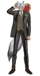 1boy absurdres animal_ears black_pants blush bouquet dark-skinned_male dark_skin flower formal_clothes hataya highres jack_howl looking_at_viewer male_focus pants short_hair simple_background solo suit tail twisted_wonderland wolf_boy wolf_ears wolf_tail yellow_eyes