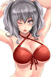 Rule 34 | 10s, 1girl, absurdres, armpits, arms behind head, arms up, bare shoulders, bikini, breasts, cleavage, collarbone, female focus, front-tie top, hair between eyes, halterneck, highres, kantai collection, kashima (kancolle), large breasts, looking at viewer, one eye closed, red bikini, silver hair, solo, swimsuit, twintails, underboob, wavy hair, yashichii