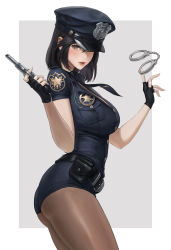 Rule 34 | 1girl, ass, belt, belt buckle, belt pouch, black belt, black gloves, black hair, border, breasts, brown eyes, brown pantyhose, buckle, cowboy shot, cuffs, fingerless gloves, from side, gloves, gun, handcuffs, handgun, hat, highres, holding, holding gun, holding weapon, large breasts, looking at viewer, necktie, nuker (nukerdraws), original, pantyhose, pantyhose under shorts, parted lips, pistol, police, police hat, police uniform, policewoman, pouch, short hair, short shorts, shorts, solo, taut clothes, thighs, uniform, weapon, white border
