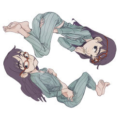 Rule 34 | 00s, 1girl, barefoot, between legs, eyebrows, feason, feet, feet together, female focus, flat chest, flcl, full body, glasses, hair in own mouth, hand between legs, highres, long hair, midriff, multiple views, ninamori eri, one eye closed, pajamas, purple hair, red-framed eyewear, simple background, smile, soles, striped, toes, unbuttoning, undressing, white background
