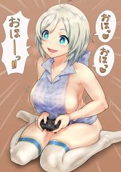 Rule 34 | + +, 1girl, antenna hair, bare arms, bare shoulders, blue eyes, bouncing breasts, breasts, brown background, commentary request, controller, dokiyuri, game controller, highres, holding, large breasts, leaning forward, no bra, no pants, original, plaid, playing games, sideboob, silver hair, simple background, dennou shoujo siro, siroyoutuber, sitting, smile, solo, thighhighs, virtual youtuber, wariza, white thighhighs, wing collar