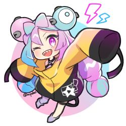 Rule 34 | 1girl, ;d, arm up, character hair ornament, chibi, commentary request, creatures (company), full body, game freak, green hair, hair ornament, happy, iono (pokemon), jacket, long hair, looking at viewer, mipokec, nintendo, one eye closed, open mouth, pokemon, pokemon sv, purple footwear, purple hair, sharp teeth, shoes, sleeves past fingers, sleeves past wrists, smile, solo, teeth, tongue, twitter username, upper teeth only, yellow jacket