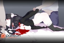 Rule 34 | 1girl, 2boys, arm grab, arms behind back, ass, bed, bed sheet, black hair, black thighhighs, blood, breast press, breasts, breasts out, celestia ludenberg, cleavage, clothed female nude male, clothed sex, collarbone, corpse, cum, cum in mouth, cum in nose, danganronpa (series), death, decapitation, disembodied head, drill hair, drooling, ejaculation, empty eyes, eyebrows, fellatio, guro, half-closed eyes, hetero, highres, large breasts, legs apart, lewdishsnail, long hair, multiple boys, necrophilia, nipples, no panties, no shoes, nose, nude, on bed, open clothes, oral, penis, rape, saliva, severed head, sex, simple background, snuff, solo focus, tears, testicles, text focus, thighhighs, top-down bottom-up, watermark, web address