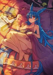 Rule 34 | 1girl, bare arms, bare legs, bare shoulders, barefoot, bed sheet, blanket, blue hair, book, collarbone, dragon tail, dress, eyebrows hidden by hair, fingernails, flask, frilled pillow, frills, hair between eyes, highres, legs, light, light particles, long hair, lying, multicolored tail, nail polish, open book, orange dress, orange nails, orange tail, original, pillow, pink blanket, red eyes, ringed eyes, round-bottom flask, rumie, solo, tail, tiona, toenail polish, toenails, very long hair, white tail